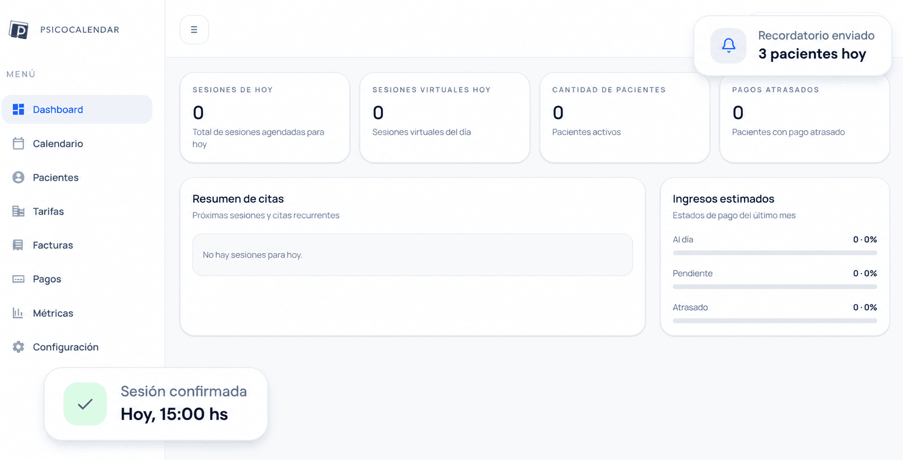 Dashboard de PsicoCalendar con resumen de sesiones, pacientes y pagos
